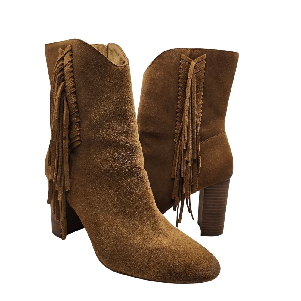 Charles David Boulder Fine Leather Suede Fringe Heeled Ankle Boot Size 10M Brown